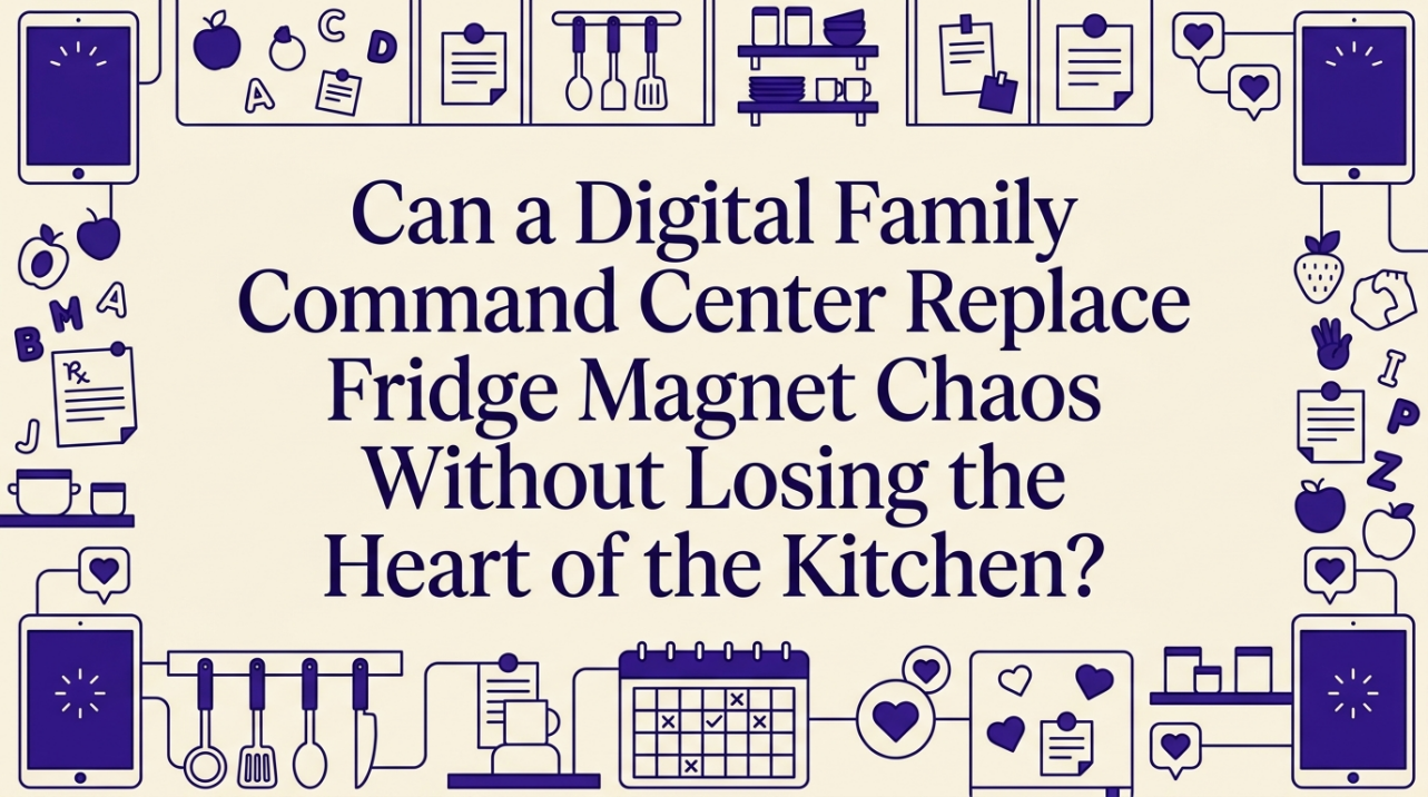 Comparison of cluttered fridge magnets and organized digital family calendar in modern kitchen