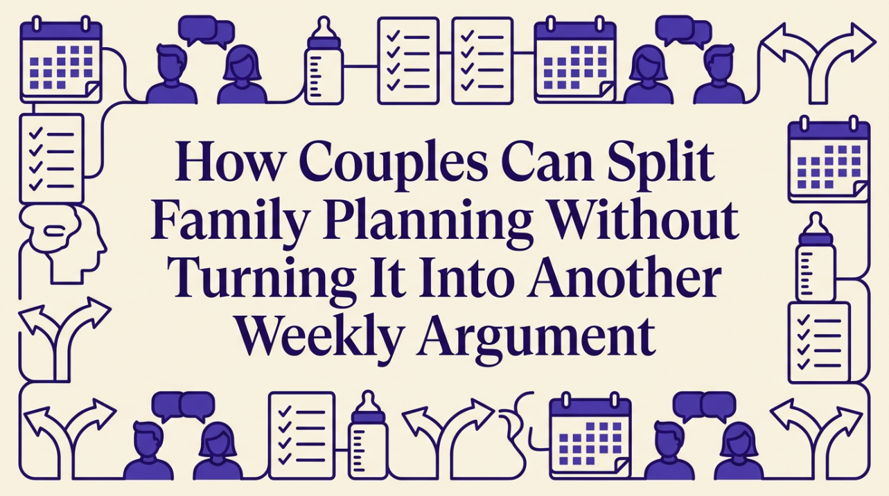 Couple reviewing shared family calendar together in bright kitchen