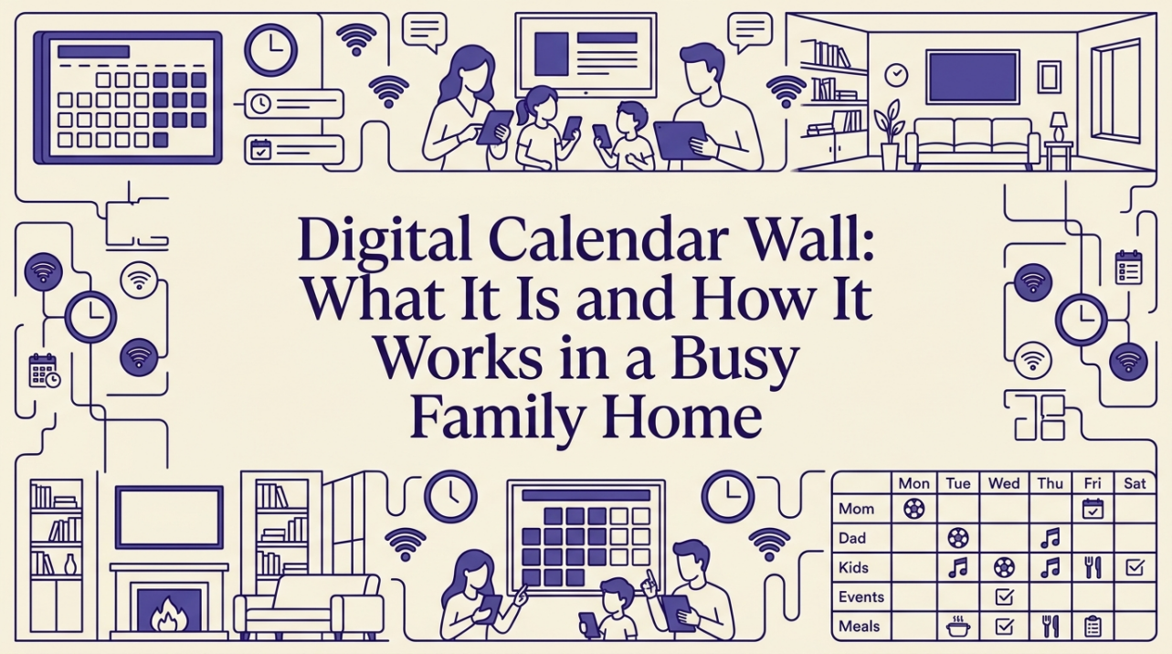 Digital calendar display mounted in a bright family kitchen with morning light
