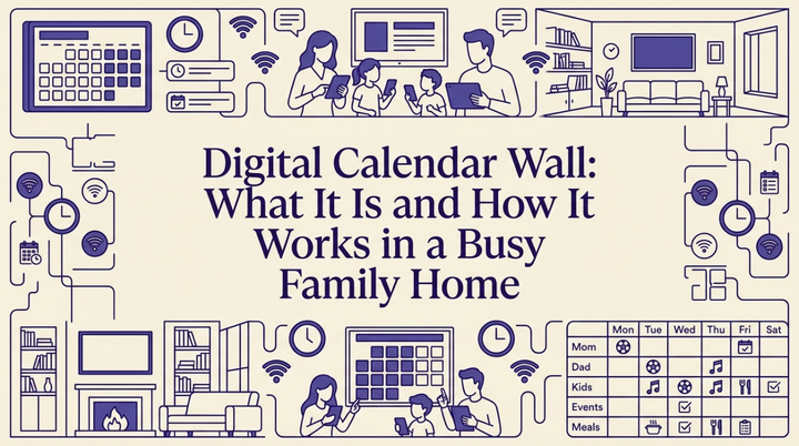Digital calendar display mounted in a bright family kitchen with morning light