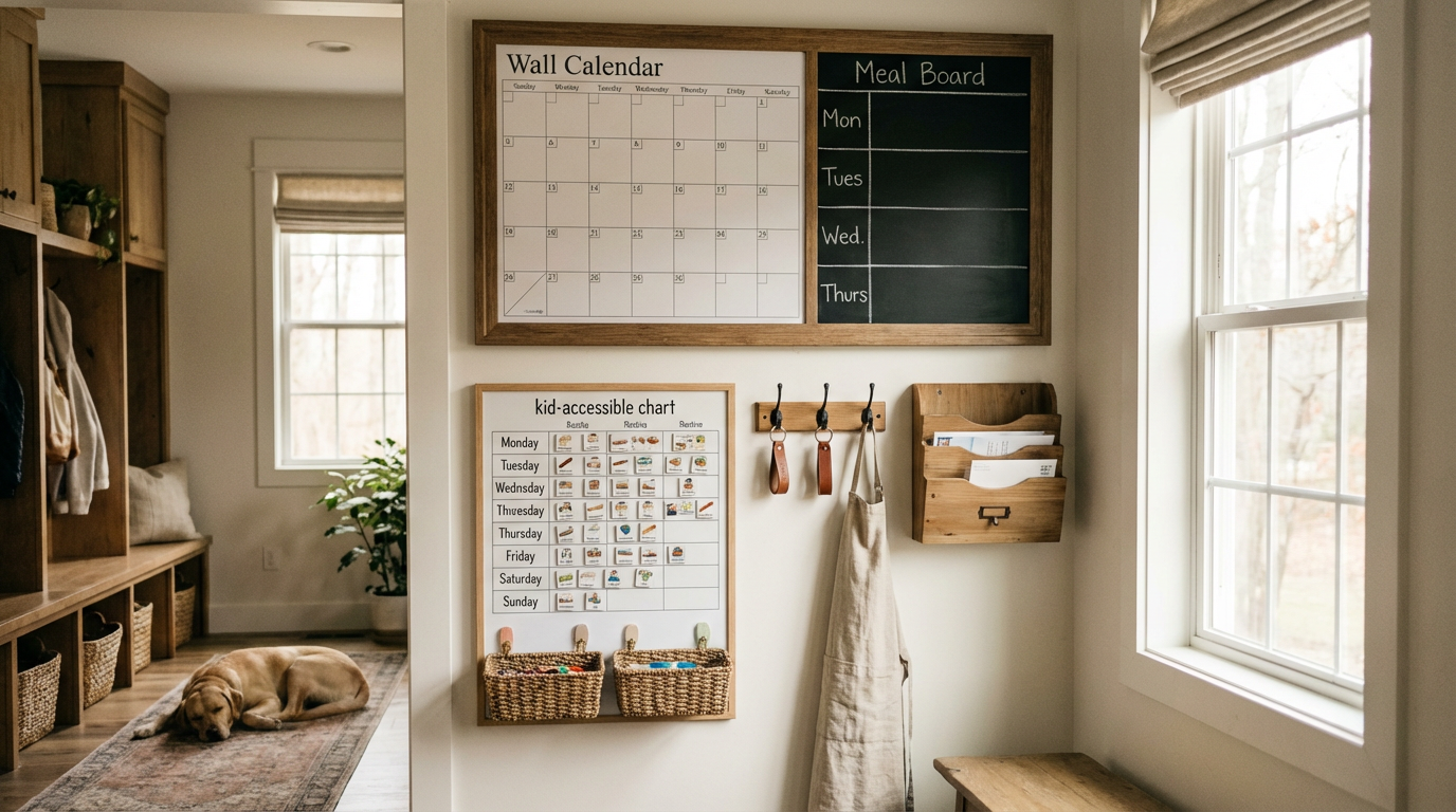Family command center wall layout in home entryway