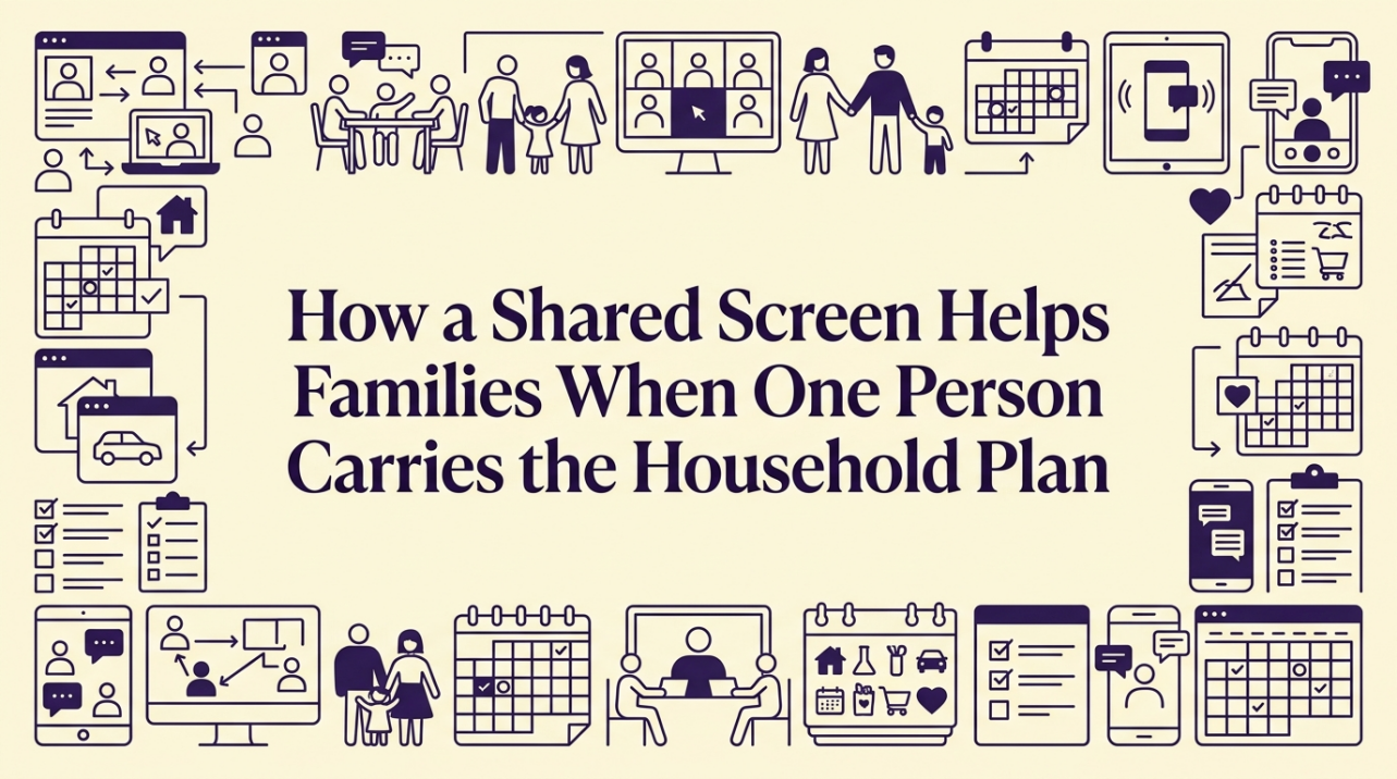 Family gathered around a shared digital calendar in a bright kitchen