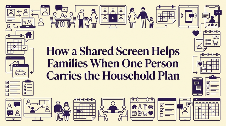 Family gathered around a shared digital calendar in a bright kitchen