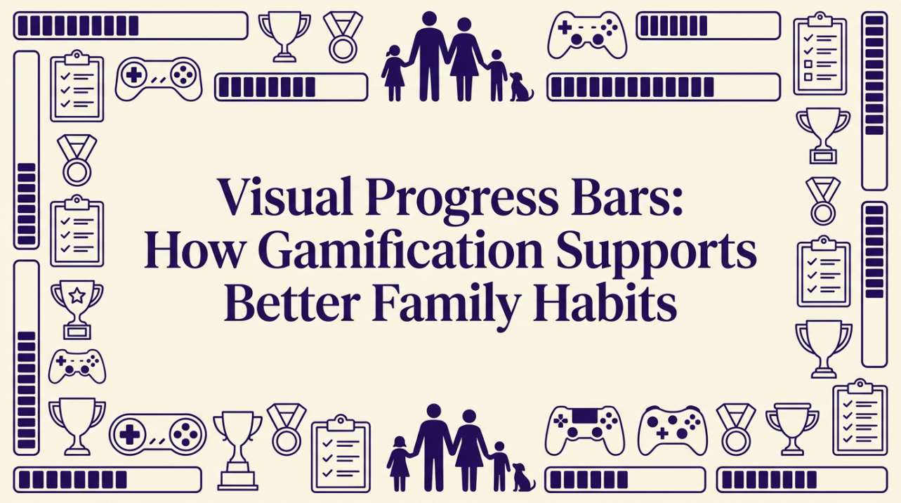 Family habit tracking dashboard with progress bars and task icons