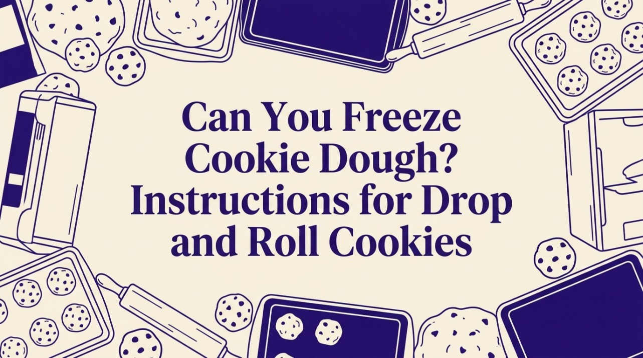 Family kitchen counter with frozen cookie dough in labeled bags and fresh-baked cookies