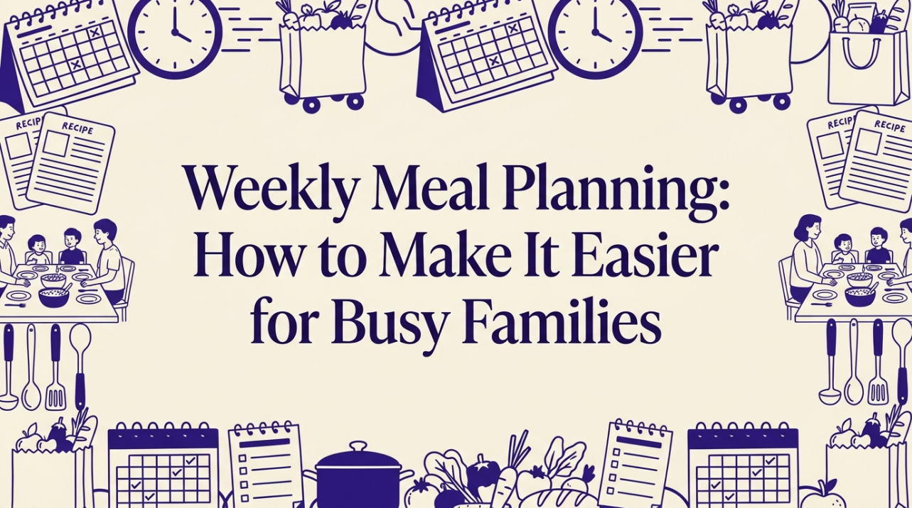 Family kitchen table with meal planning materials and fresh ingredients