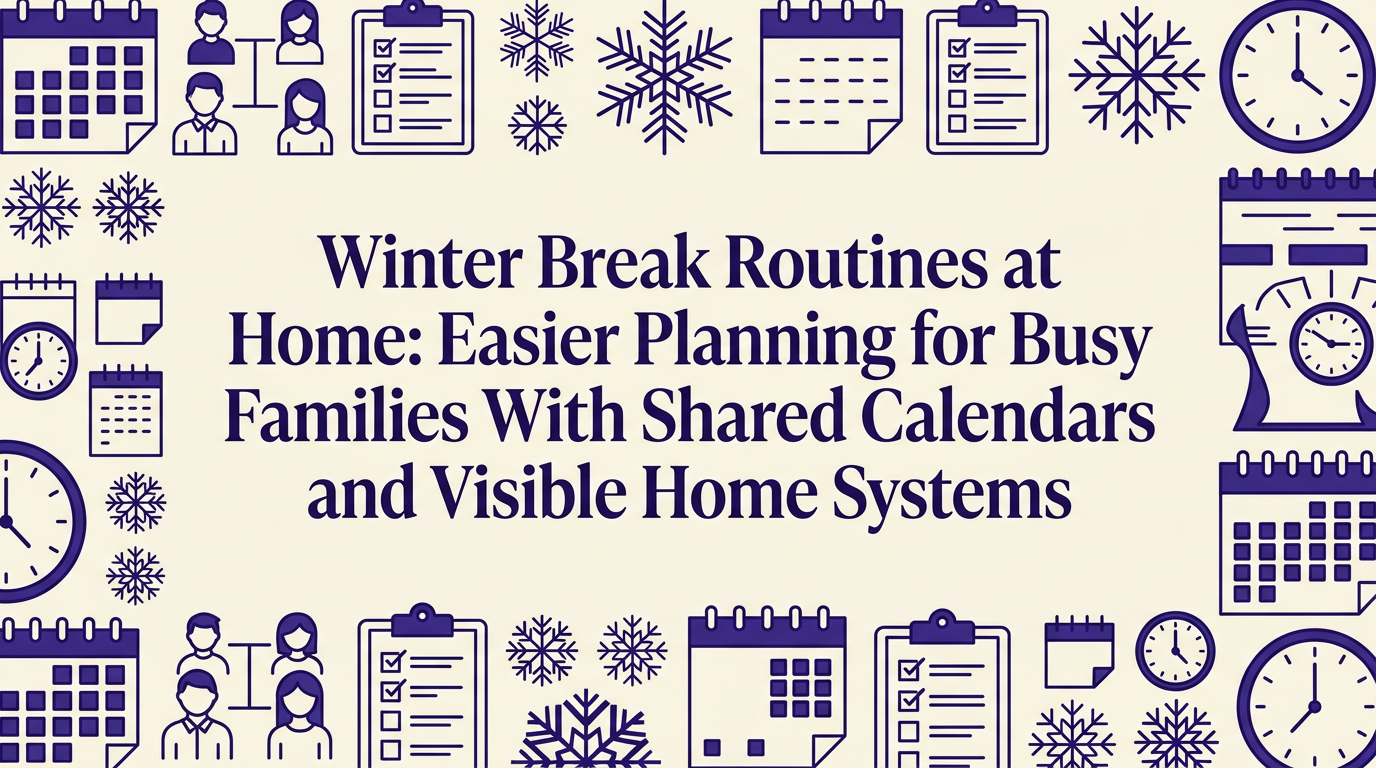 Family reviewing shared calendar together in bright kitchen during winter break morning
