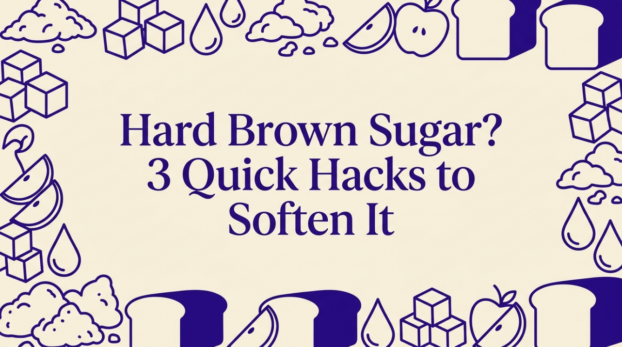 Hardened brown sugar block on kitchen counter with baking tools