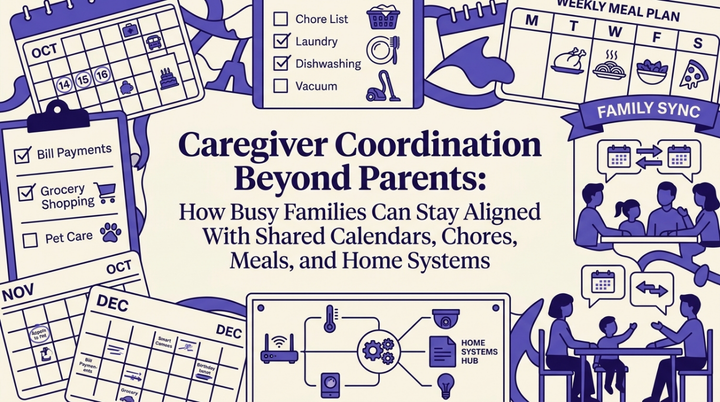 Illustration of family members coordinating tasks around a shared calendar system