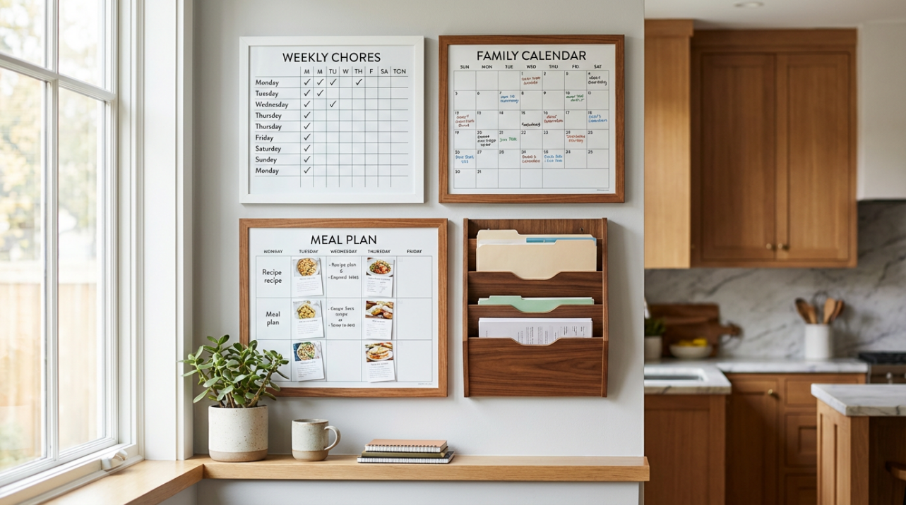 Kitchen command center with weekly chore chart and family calendar