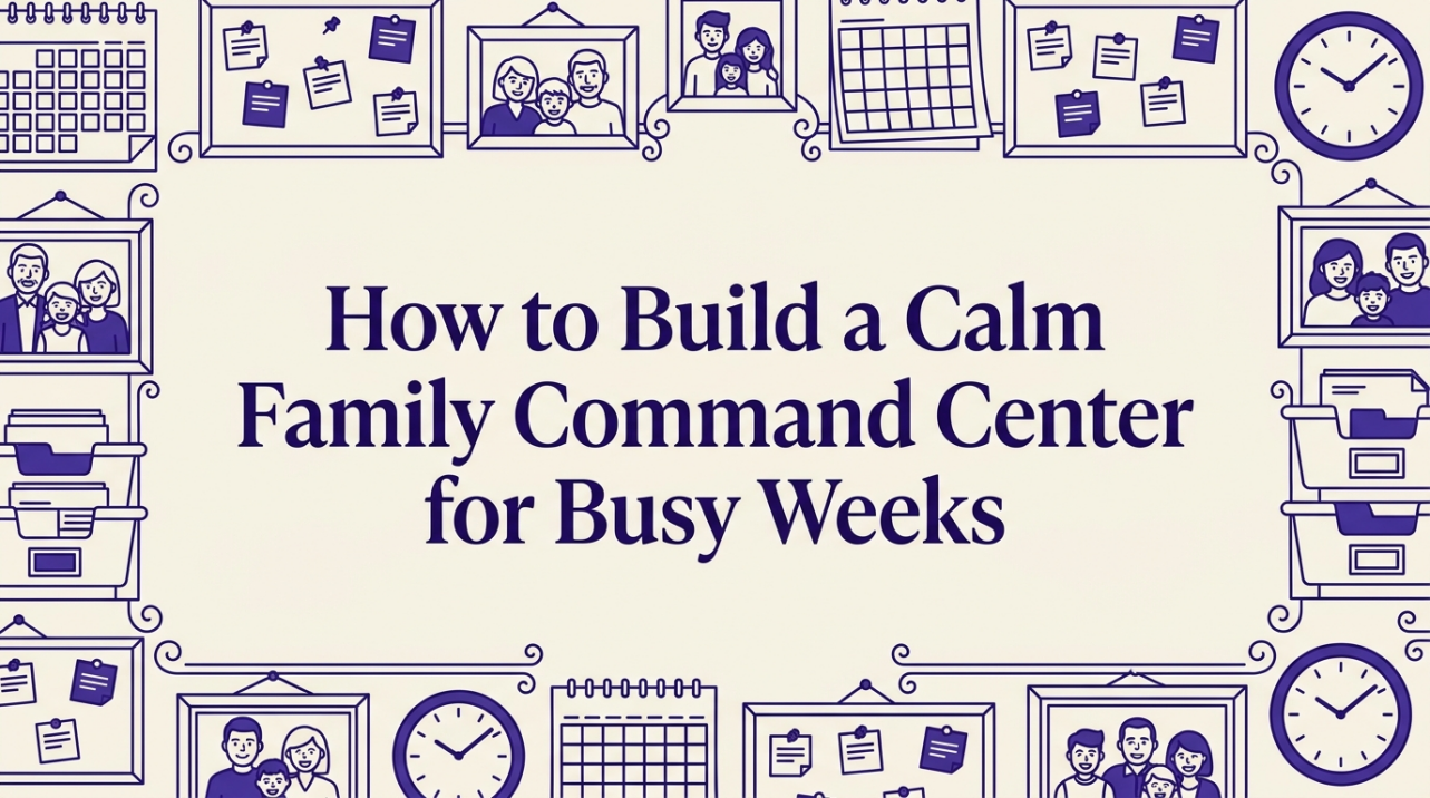 Minimalist family command center with calendar and organized folders