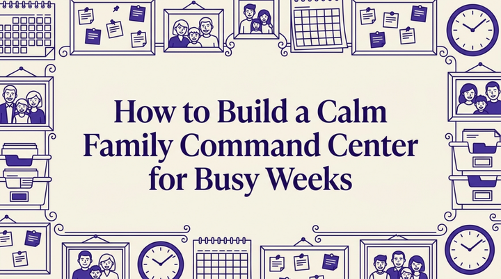 Minimalist family command center with calendar and organized folders