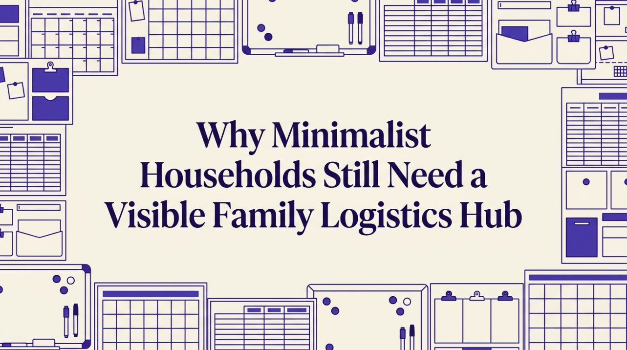 Minimalist family logistics hub with calendar and organizational boards on clean wall