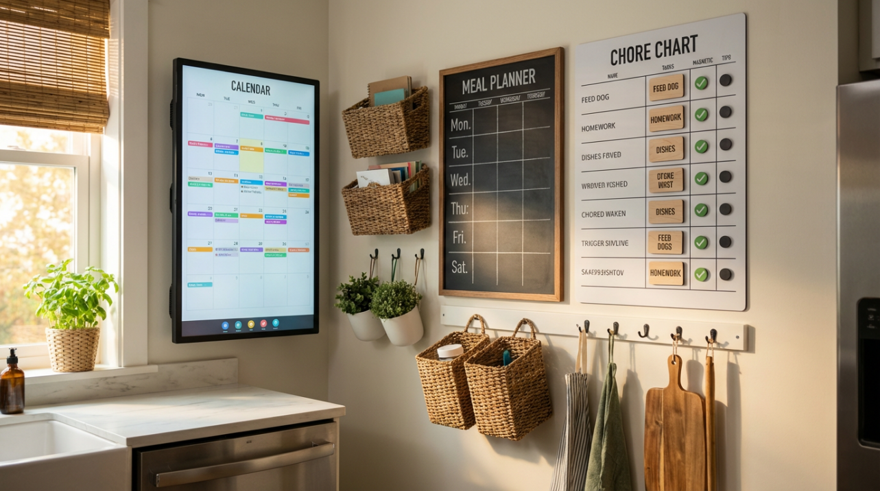 Modern family command center with calendar, meal plan, and chore chart