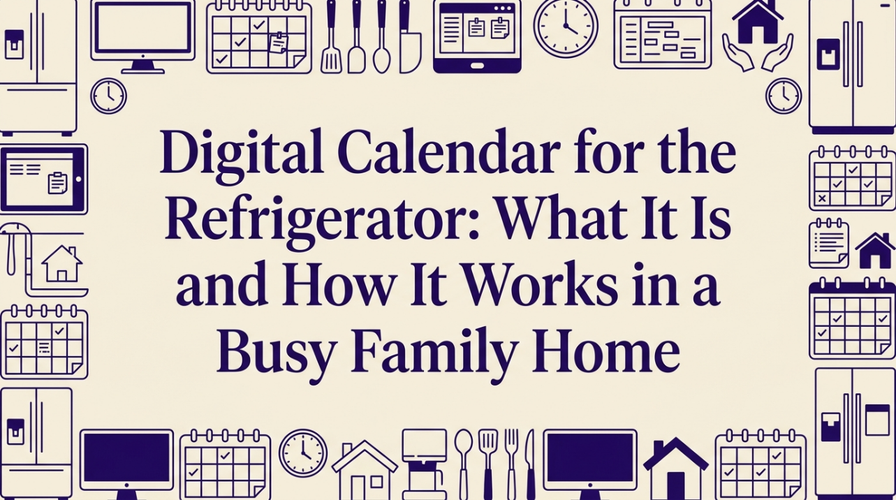 Modern kitchen with digital calendar screen mounted beside refrigerator showing family schedule