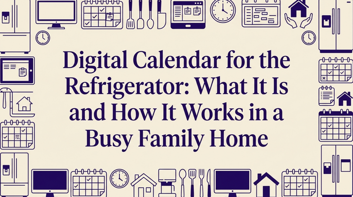 Modern kitchen with digital calendar screen mounted beside refrigerator showing family schedule