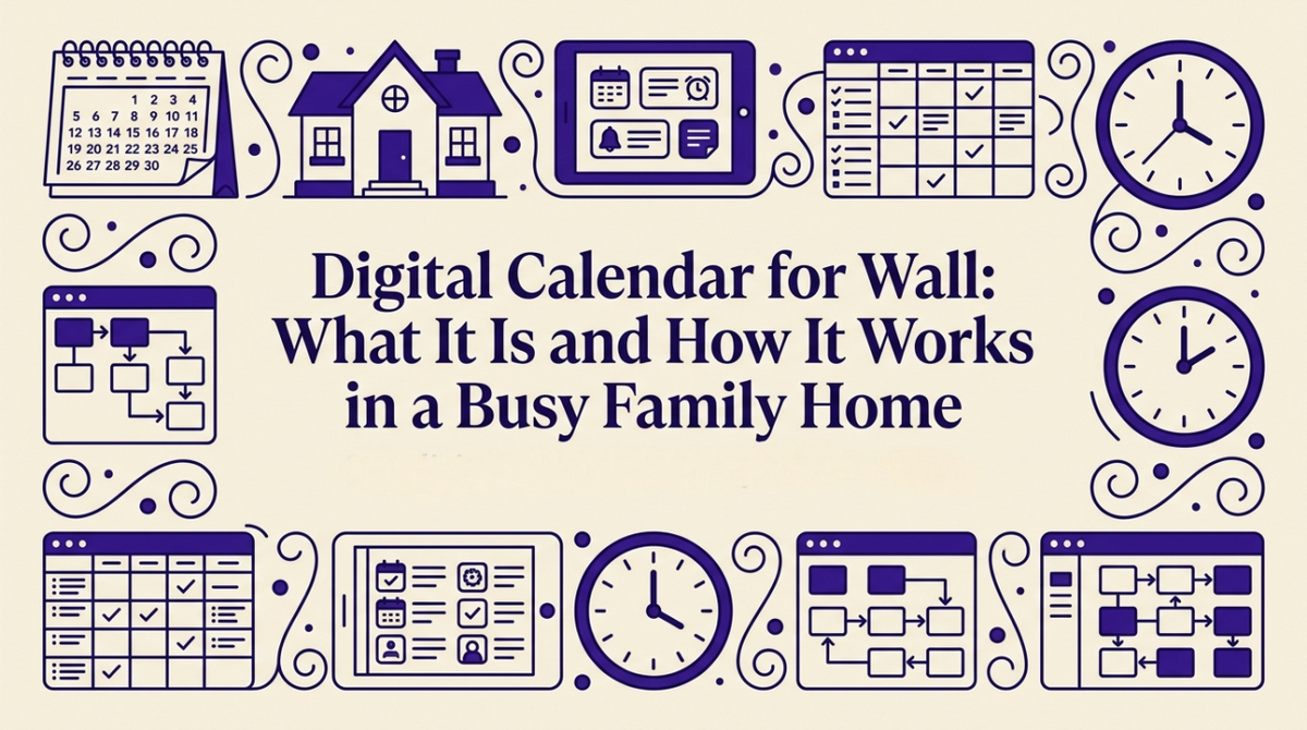 Modern kitchen with wall-mounted digital family calendar display