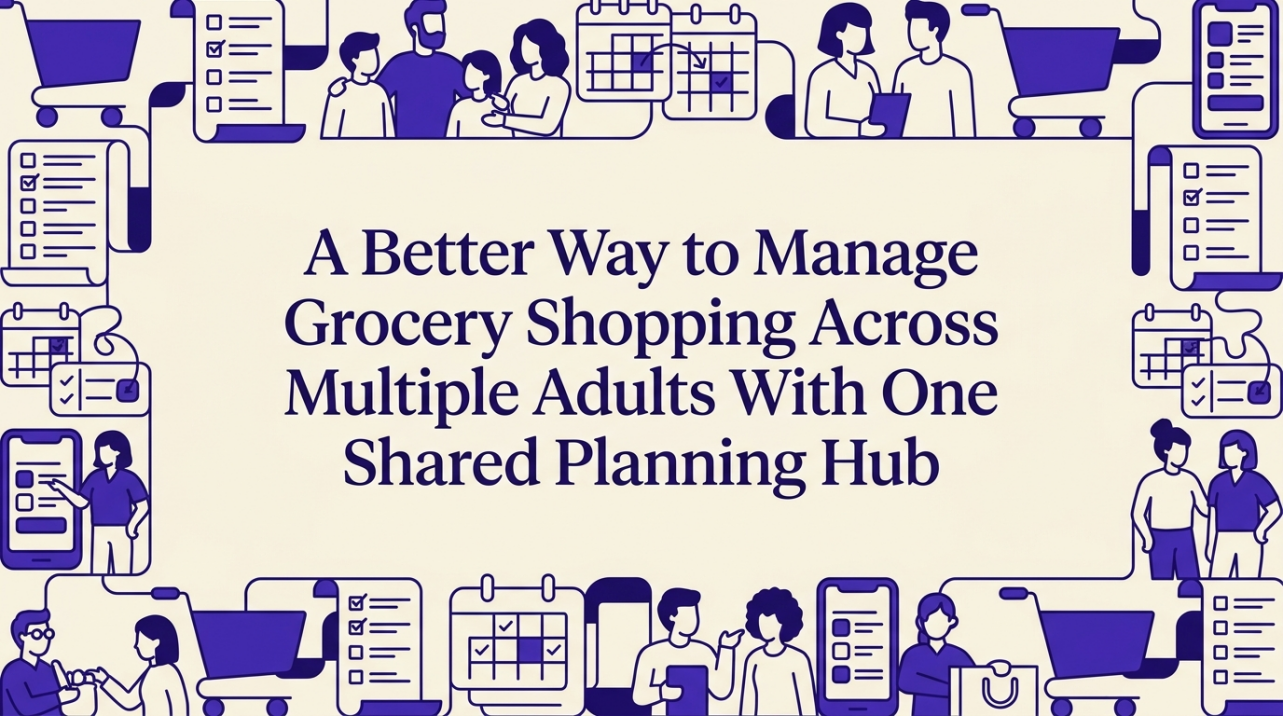 Multiple adults collaborating around a shared digital grocery planning hub