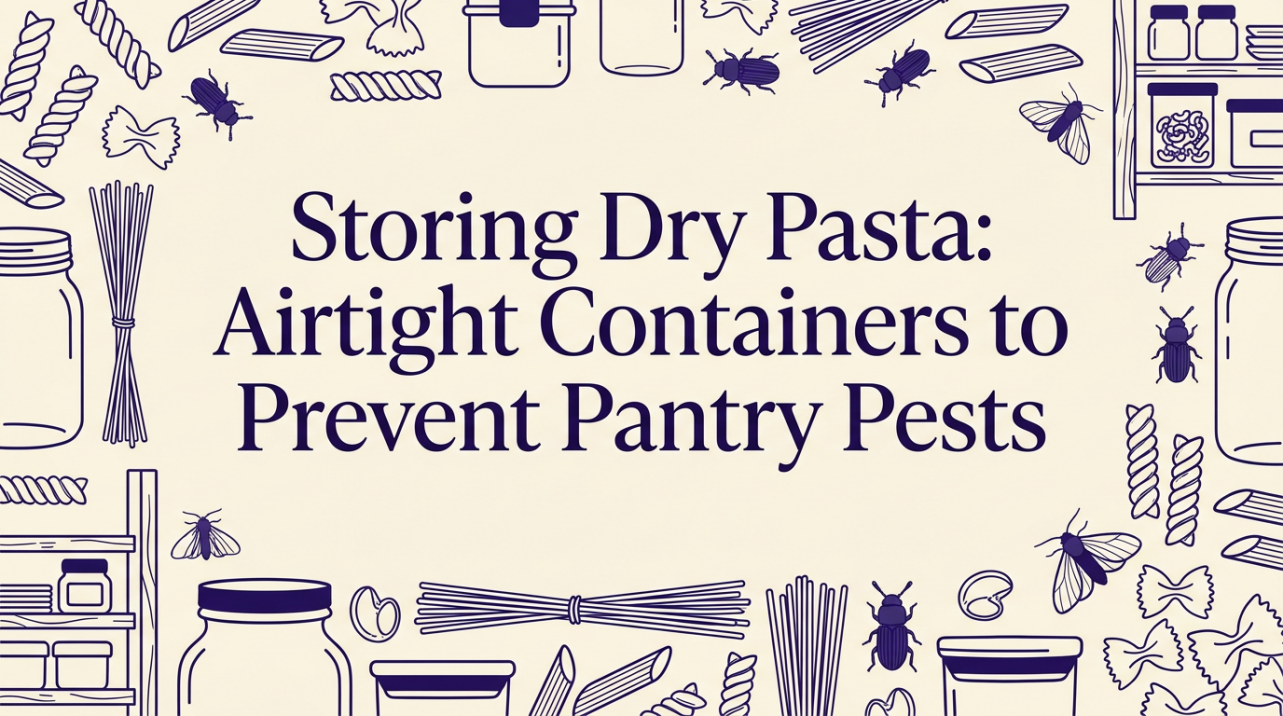 Organized pantry shelf with airtight containers storing dry pasta