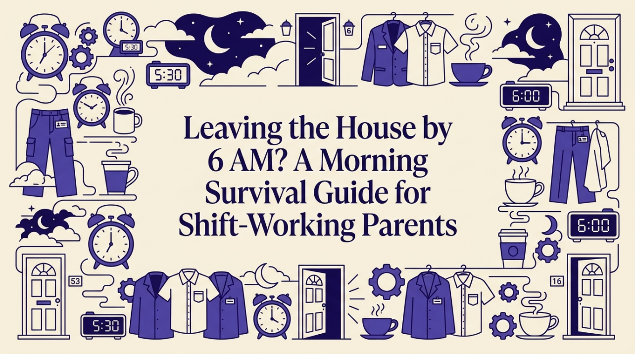 Parent helping child put on shoes in early morning entryway