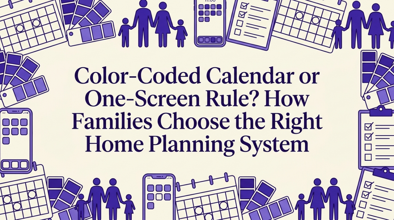 Split illustration comparing color-coded calendar and single-screen planning systems