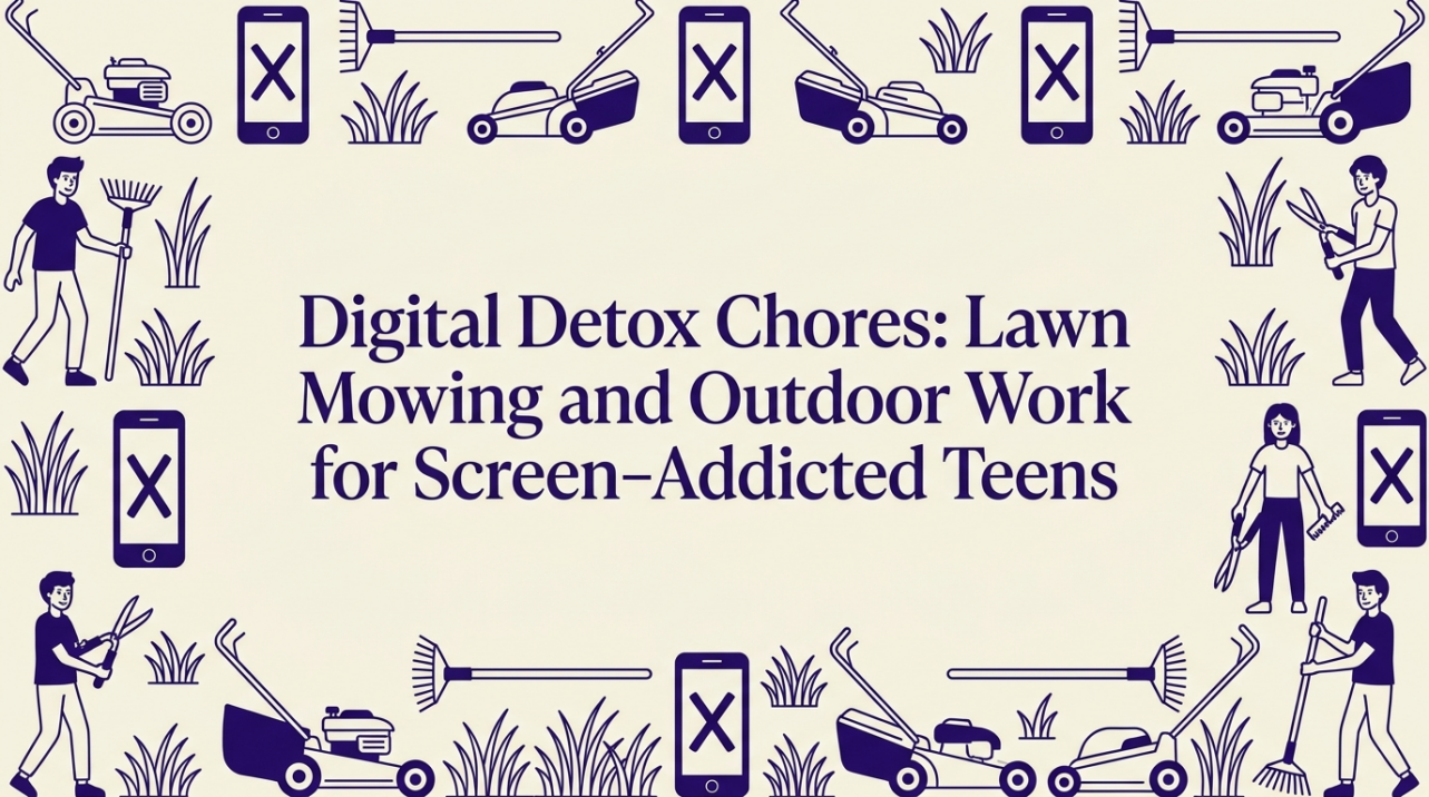Teen transitioning from phone to lawn mower in sunny backyard