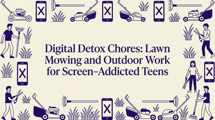 Teen transitioning from phone to lawn mower in sunny backyard