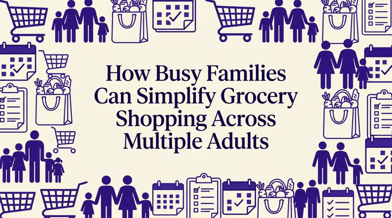 Two adults collaborating in a bright kitchen while organizing groceries and checking a shared list
