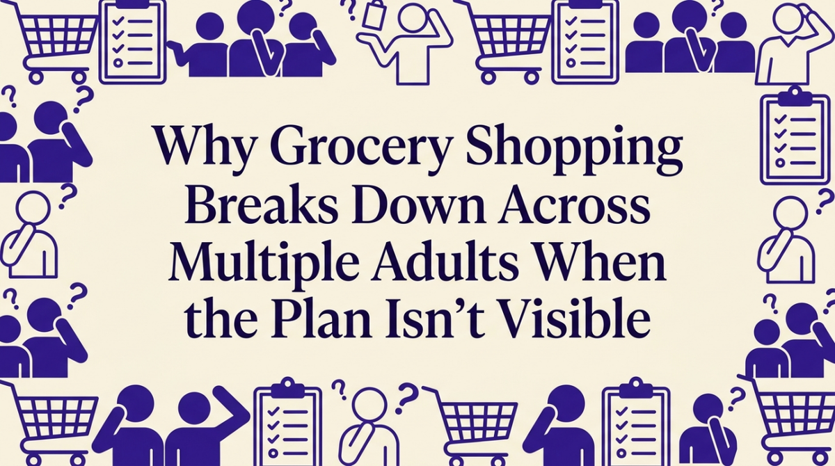 Two adults in separate thought bubbles with scattered grocery items showing communication gaps
