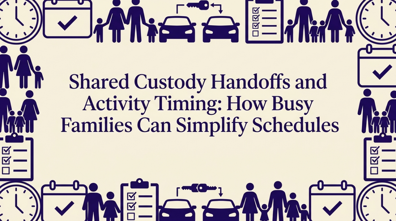 Two homes connected by a shared calendar timeline with family activity icons