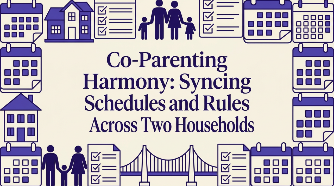 Two households connected by shared calendar system illustration