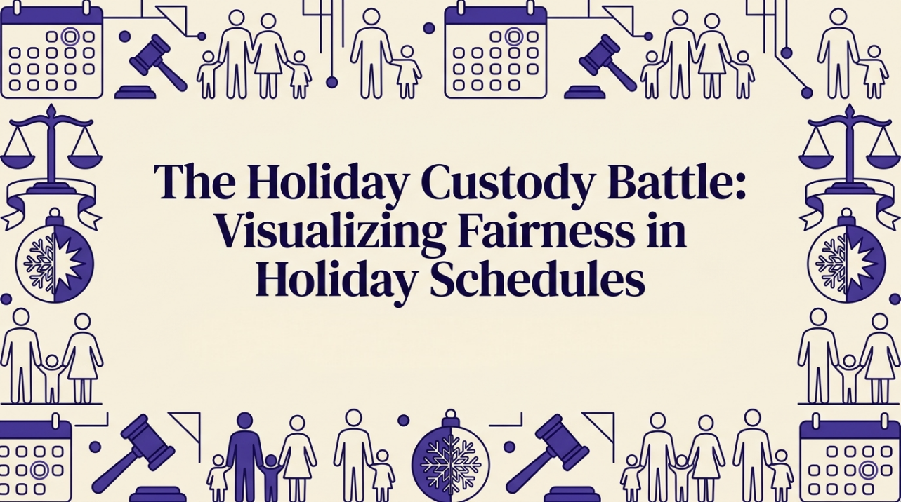 Two houses connected by a shared holiday calendar showing balanced custody schedule