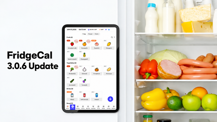 Everblog 13.4-inch FridgeCal™ 3.0.6 version update banner showcasing the smart family calendar interface, designed to simplify family scheduling and daily organization.