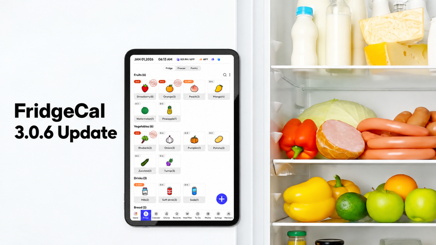 Everblog 13.4-inch FridgeCal™ 3.0.6 version update banner showcasing the smart family calendar interface, designed to simplify family scheduling and daily organization.
