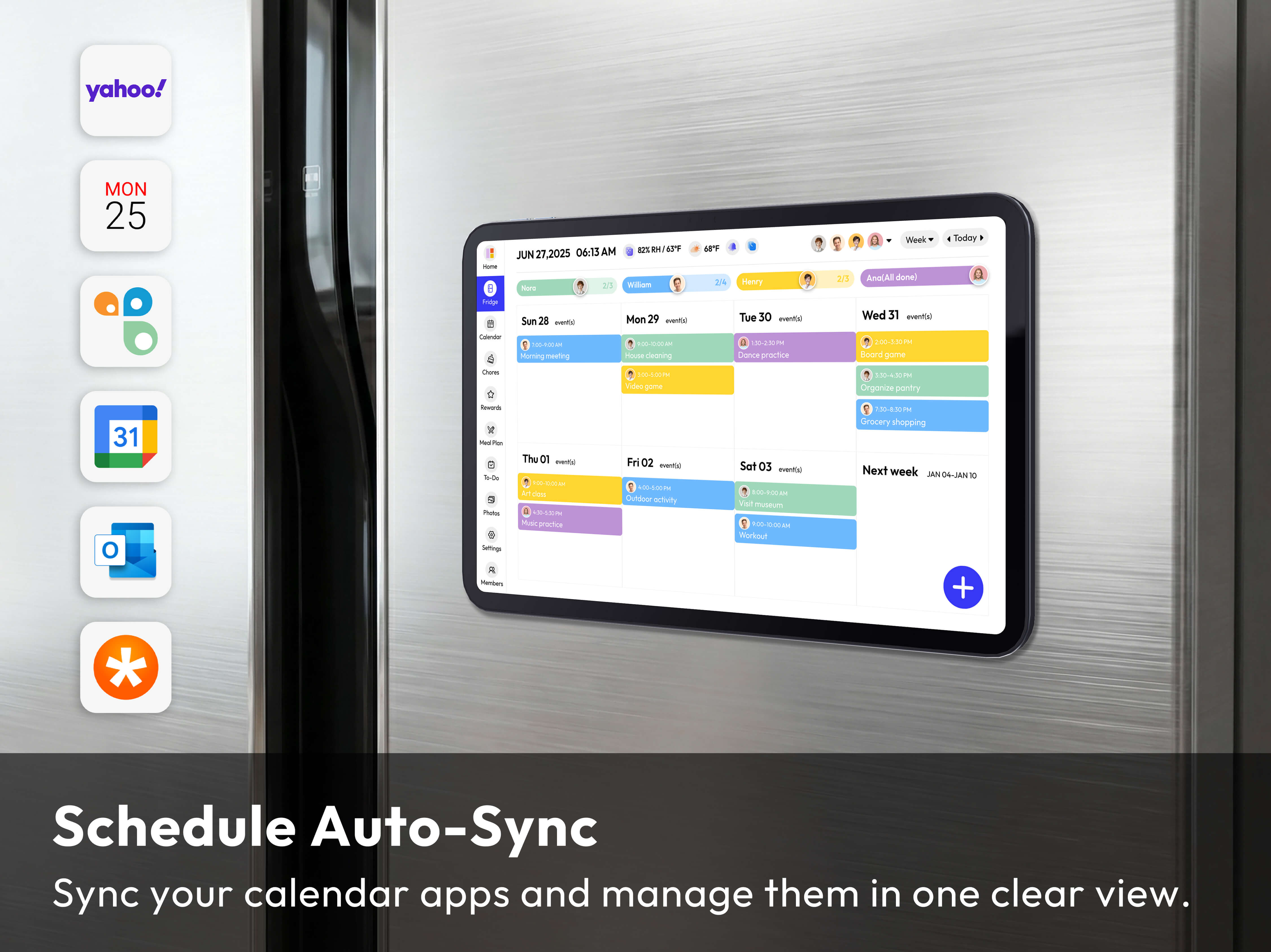 Everblog 13.4" FridgeCal Calendar displaying synchronized family schedule with events and member assignments.