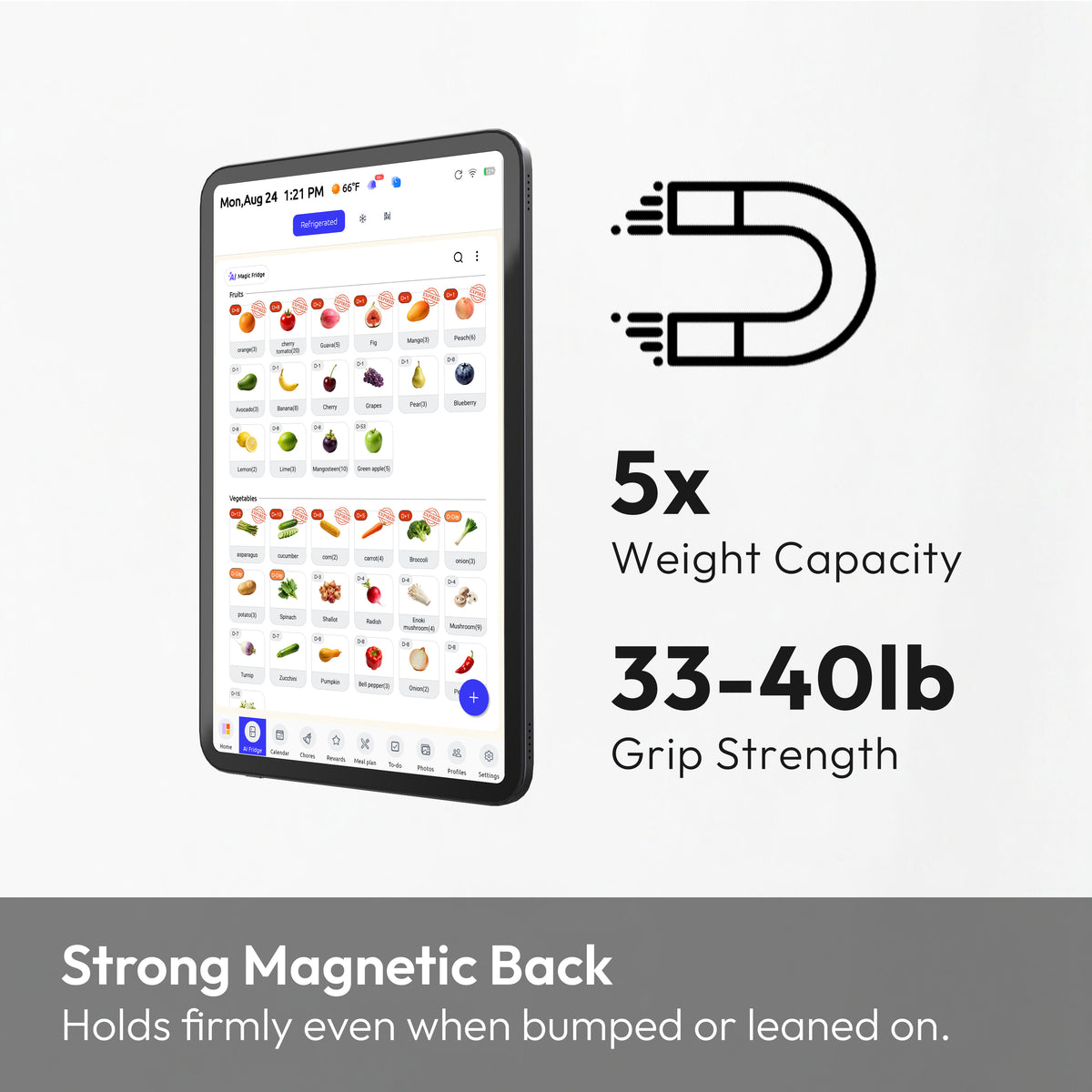 digital fridge calendar displaying food inventory beside magnetic grip strength specifications