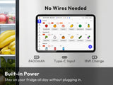 Everblog 13.4" FridgeCal Calendar displaying food inventory with expiration dates, features 8400mAh battery and Type-C input.