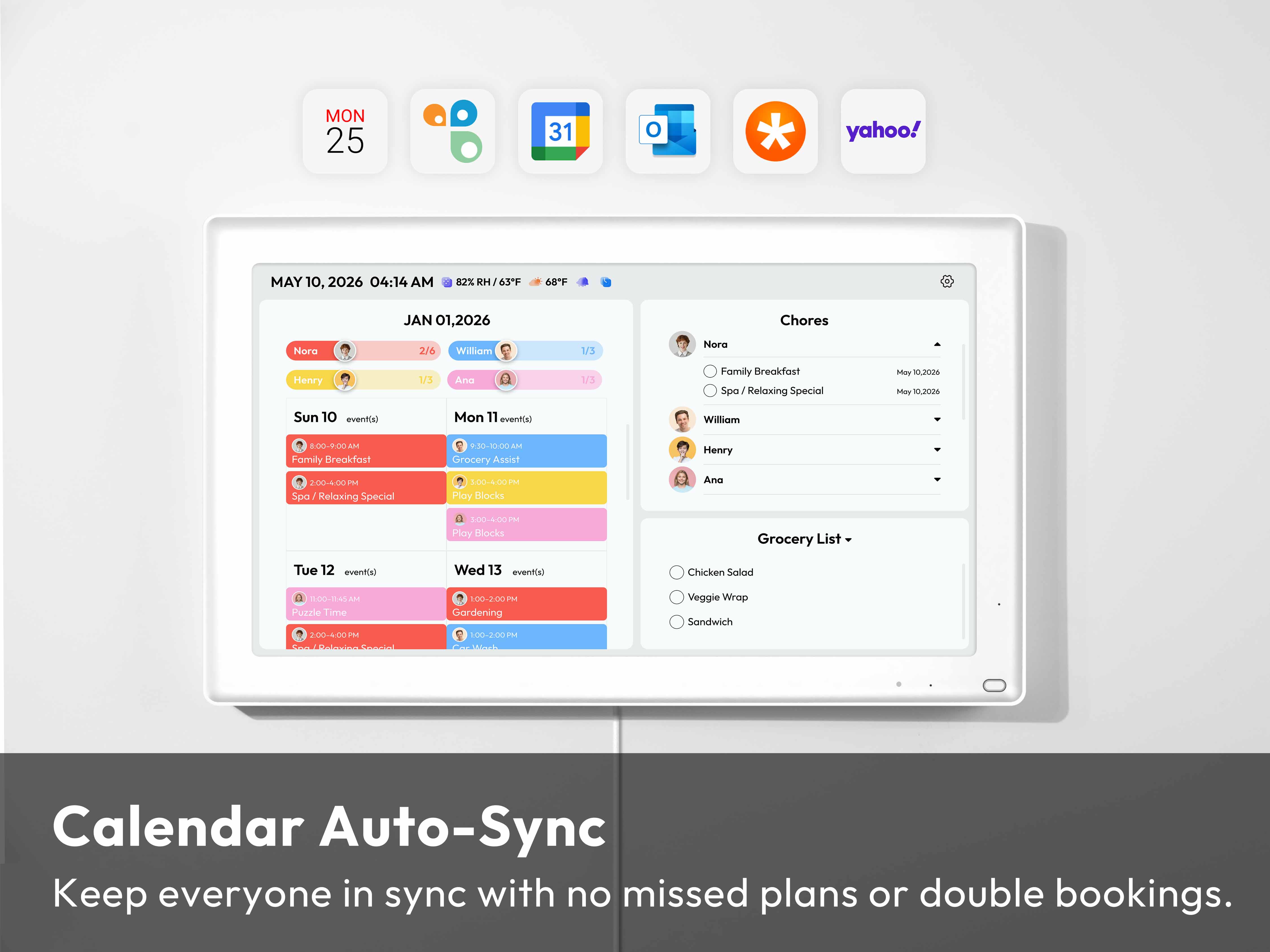 Everblog digital calendar showing synced family schedules, chores, and grocery list with auto-sync feature.