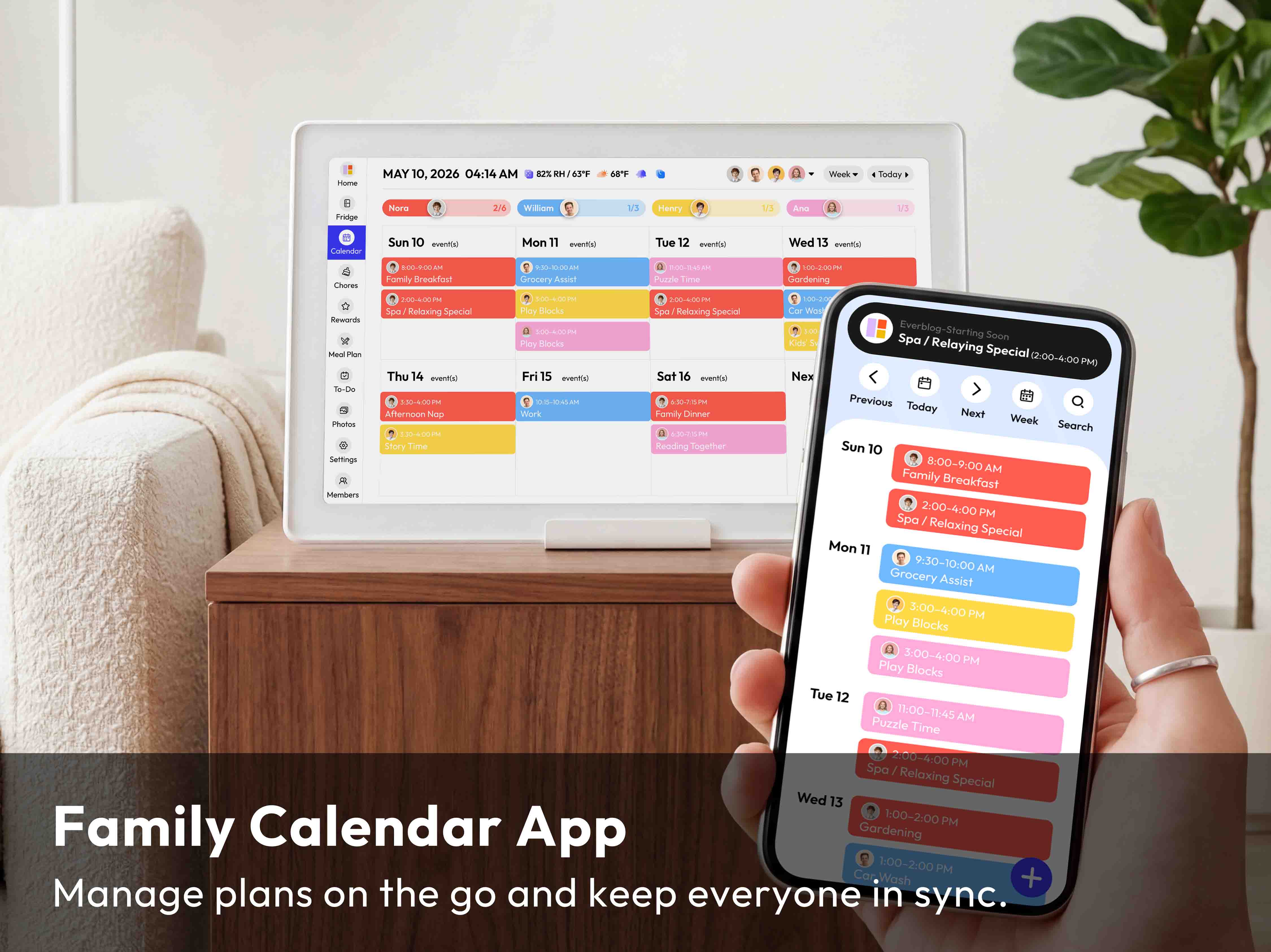 Everblog family calendar app interface on tablet and phone, showing organized daily schedules for busy families.