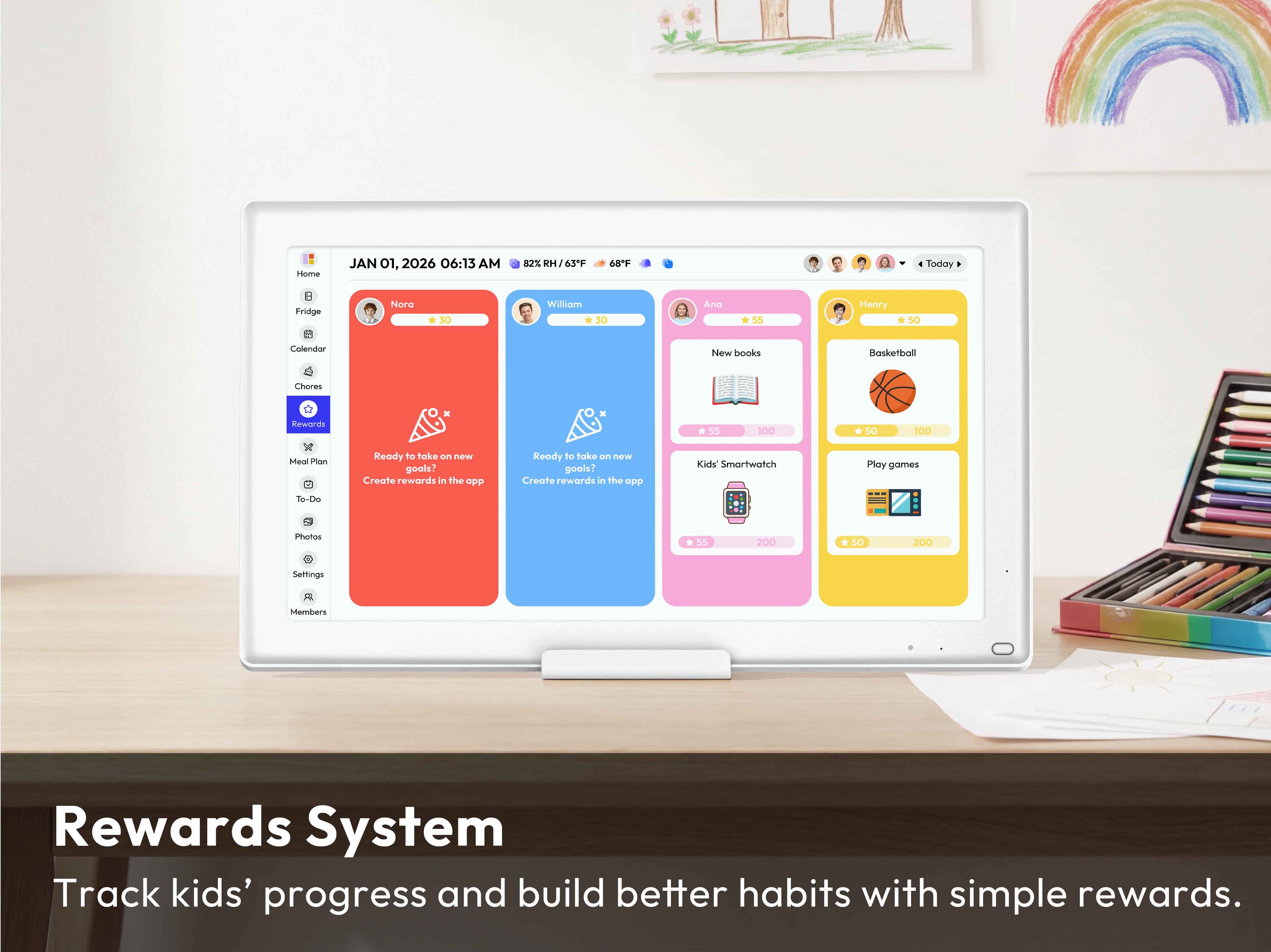 Everblog Calendar screen showing family rewards points for books, basketball, and smartwatch.