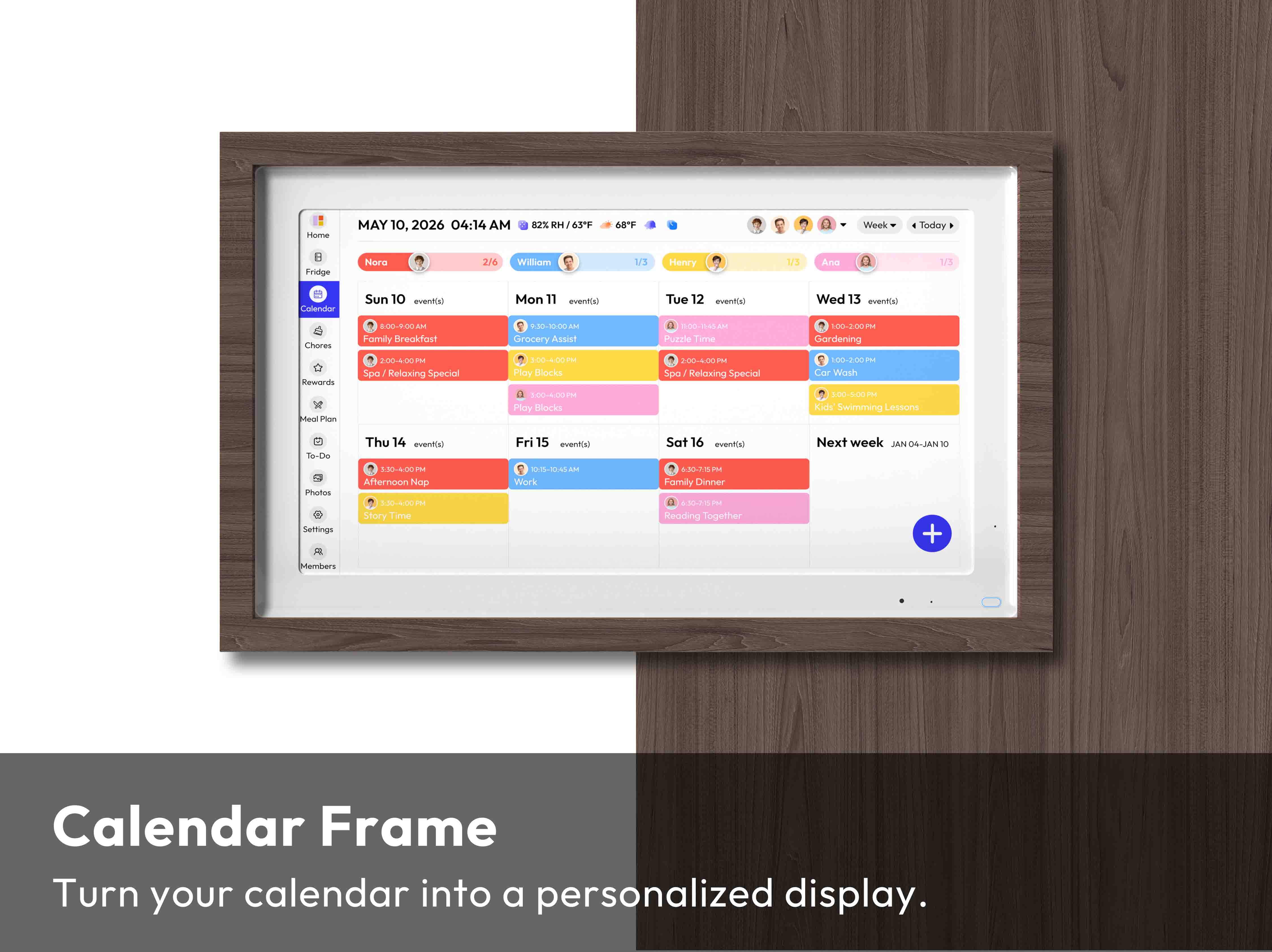 Everblog HomeCal digital display showing organized family schedules for Nora, William, Henry, Ana.