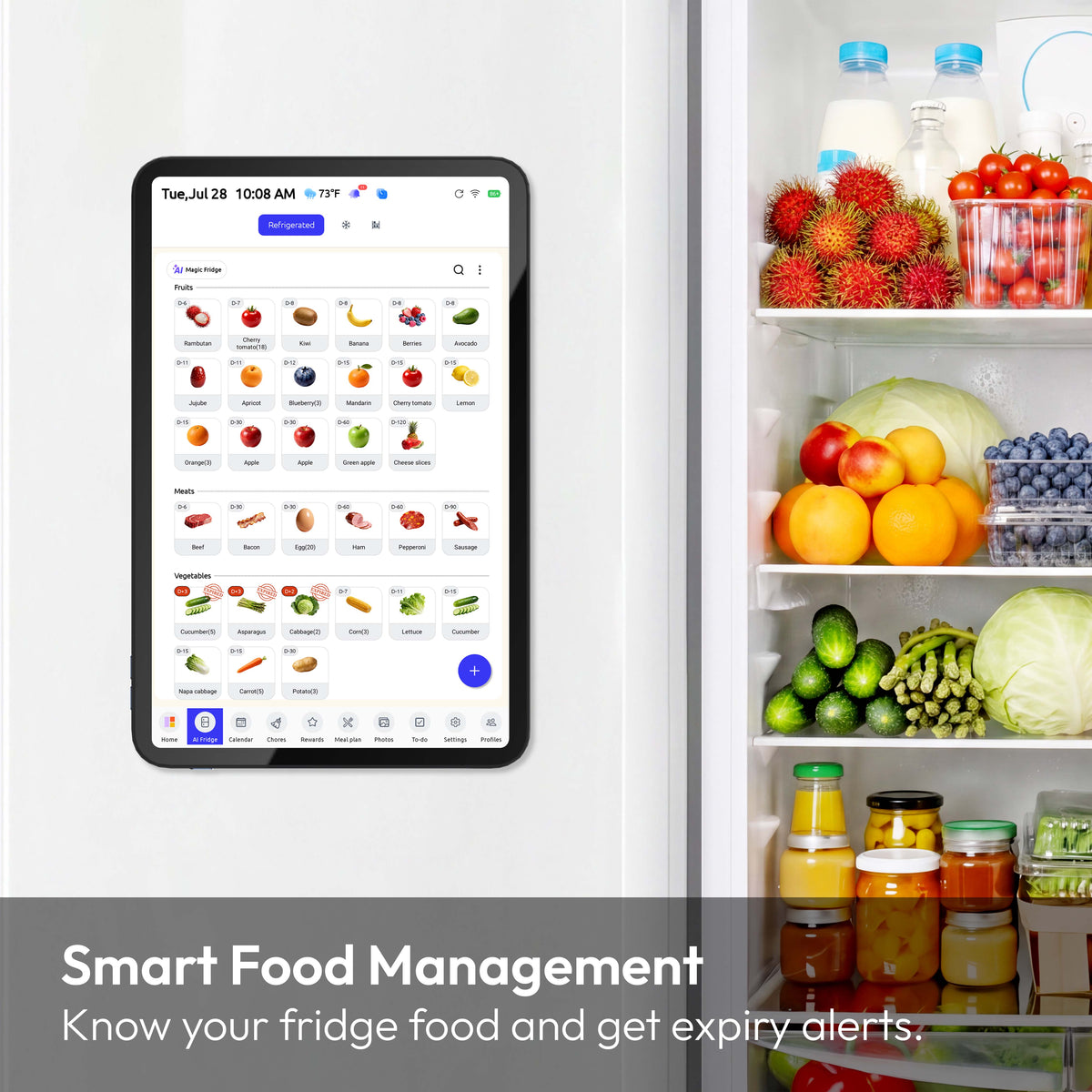everblog fridge inventory tablet with fresh groceries inside open refrigerator