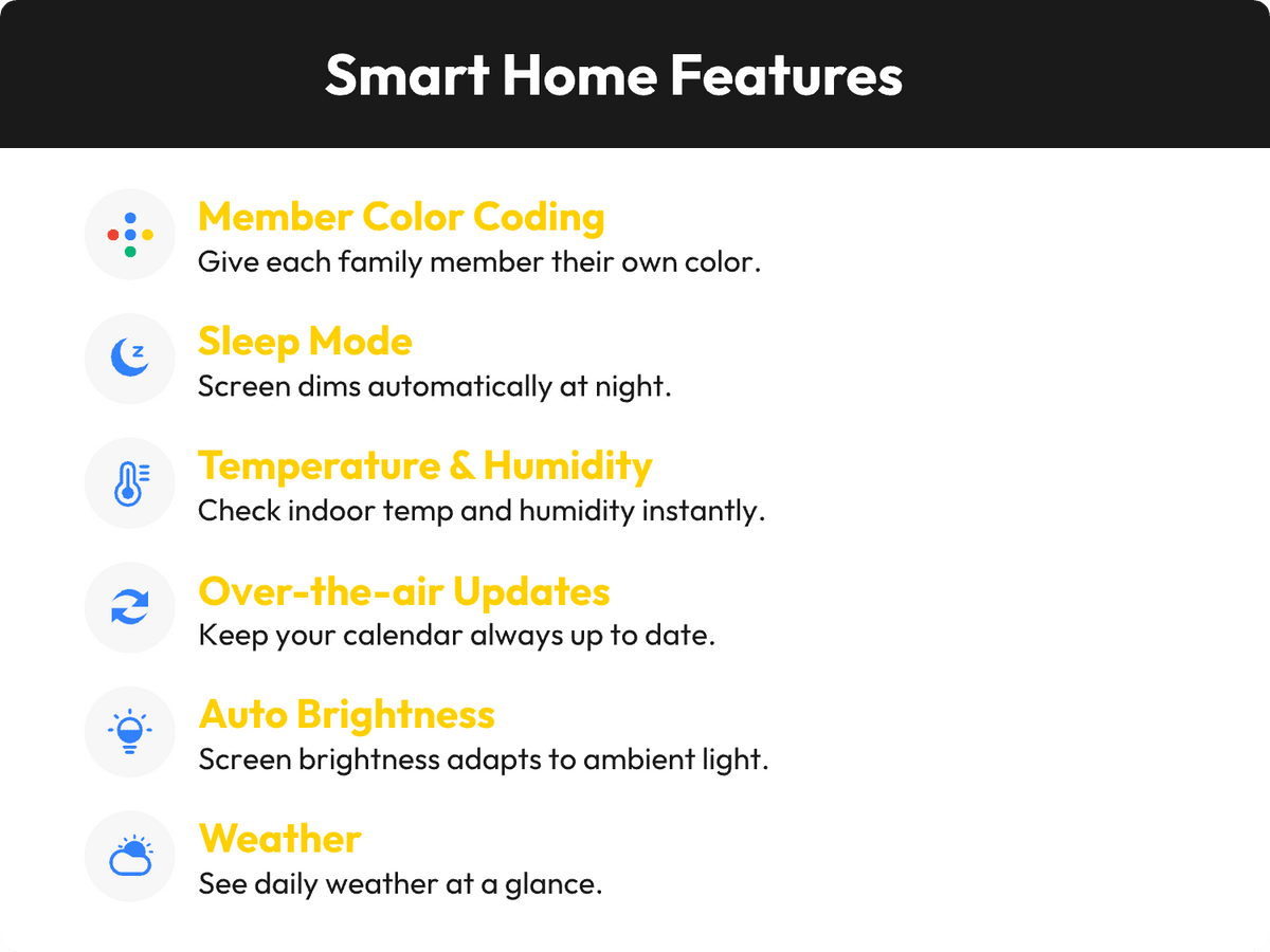 Everblog 21.5" smart home features: color coding, sleep, temp/humidity, updates, auto brightness, weather.