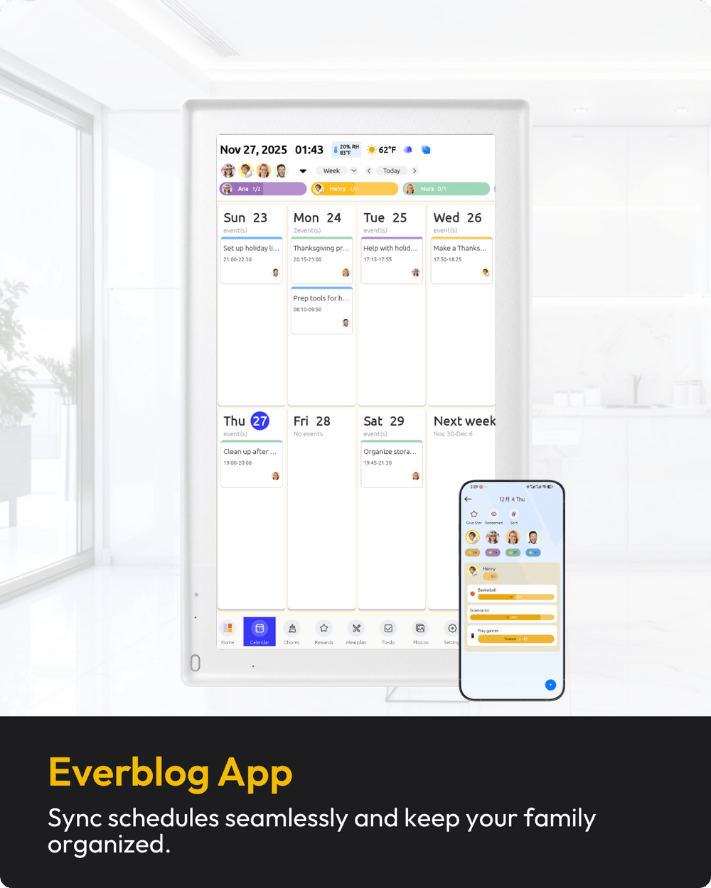 Tired of calendar chaos? The Everblog Digital Family Calendar is here to help. Whether you're juggling your kid’s soccer practice, your spouse’s dentist appointment, or just want a sleek screen to stream your favorite shows, this all-in-one device has you covered. It syncs seamlessly with your existing Google or Apple calendars, making it easy to stay on top of everyone’s schedules. Plus, it features a built-in meal planning and chore incentive system to keep the whole family on track. With an anti-glare screen and support for major streaming apps like YouTube and Netflix, it’s the perfect combo of productivity and entertainment. No subscription fees required.