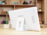 White Everblog digital calendar stand on a wooden table, showing the back of the calendar and its sturdy base.