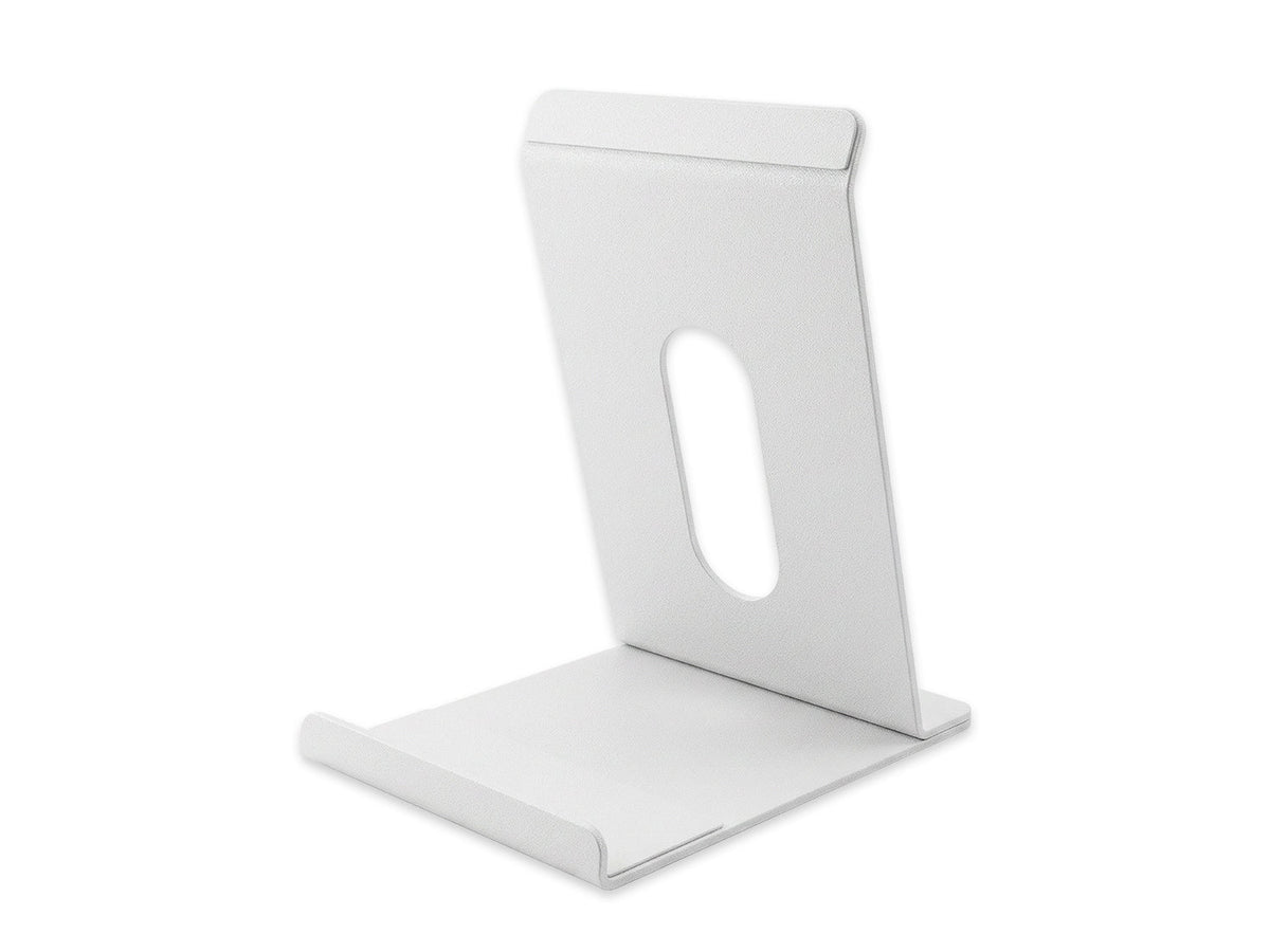 White Everblog digital calendar stand with oval cutout and weighted base.