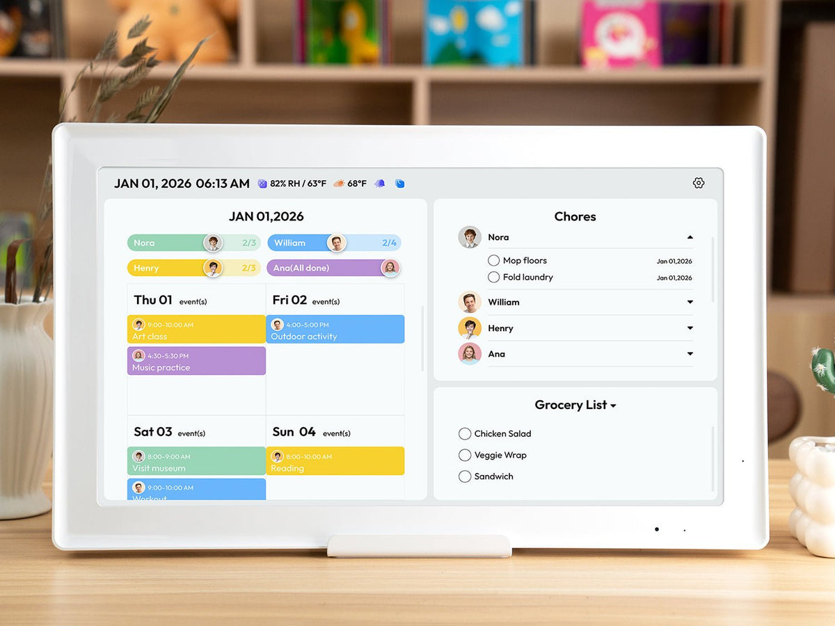 Everblog Digital Calendar Stand displaying daily schedule, chores, and grocery list.